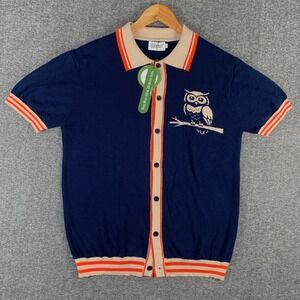 Oxknit Shirt Men Large Navy 70s Hippie Retro Owl Flamboyant Preppy NEW